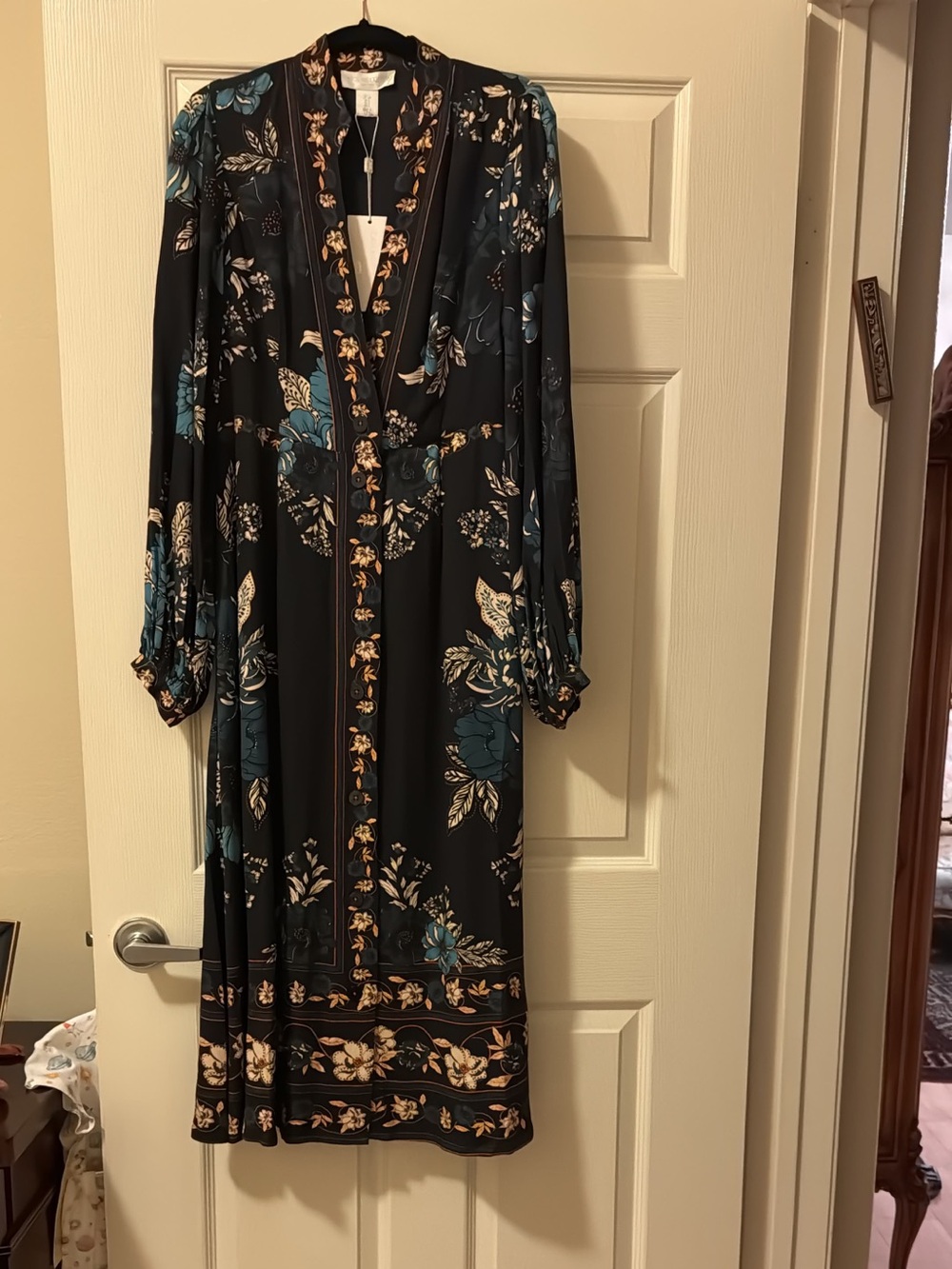 Caroline Constas Black Midi Dress with Teal & Cream Floral